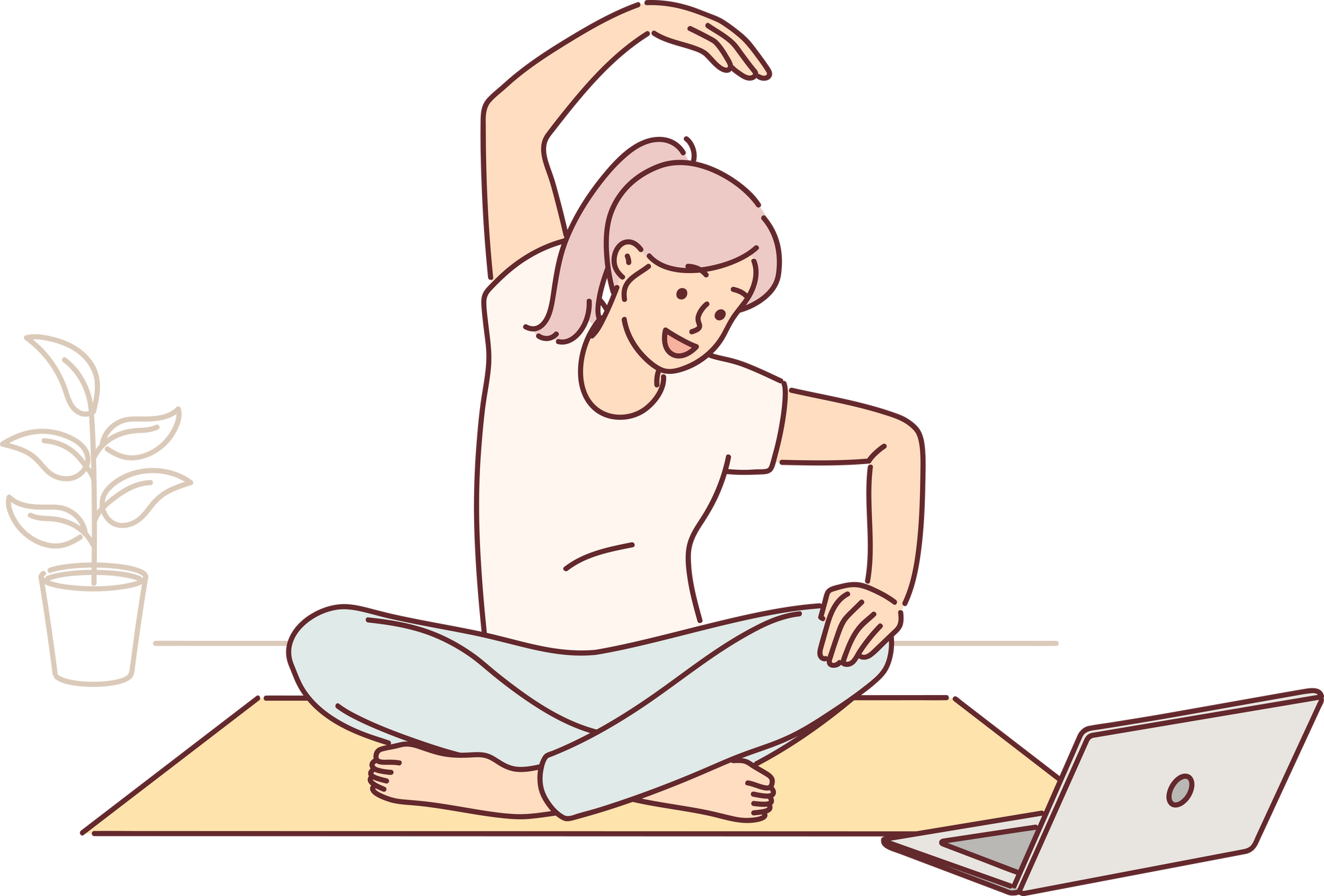 Woman sits on yoga mat and looks at laptop screen doing exercises during online broadcast